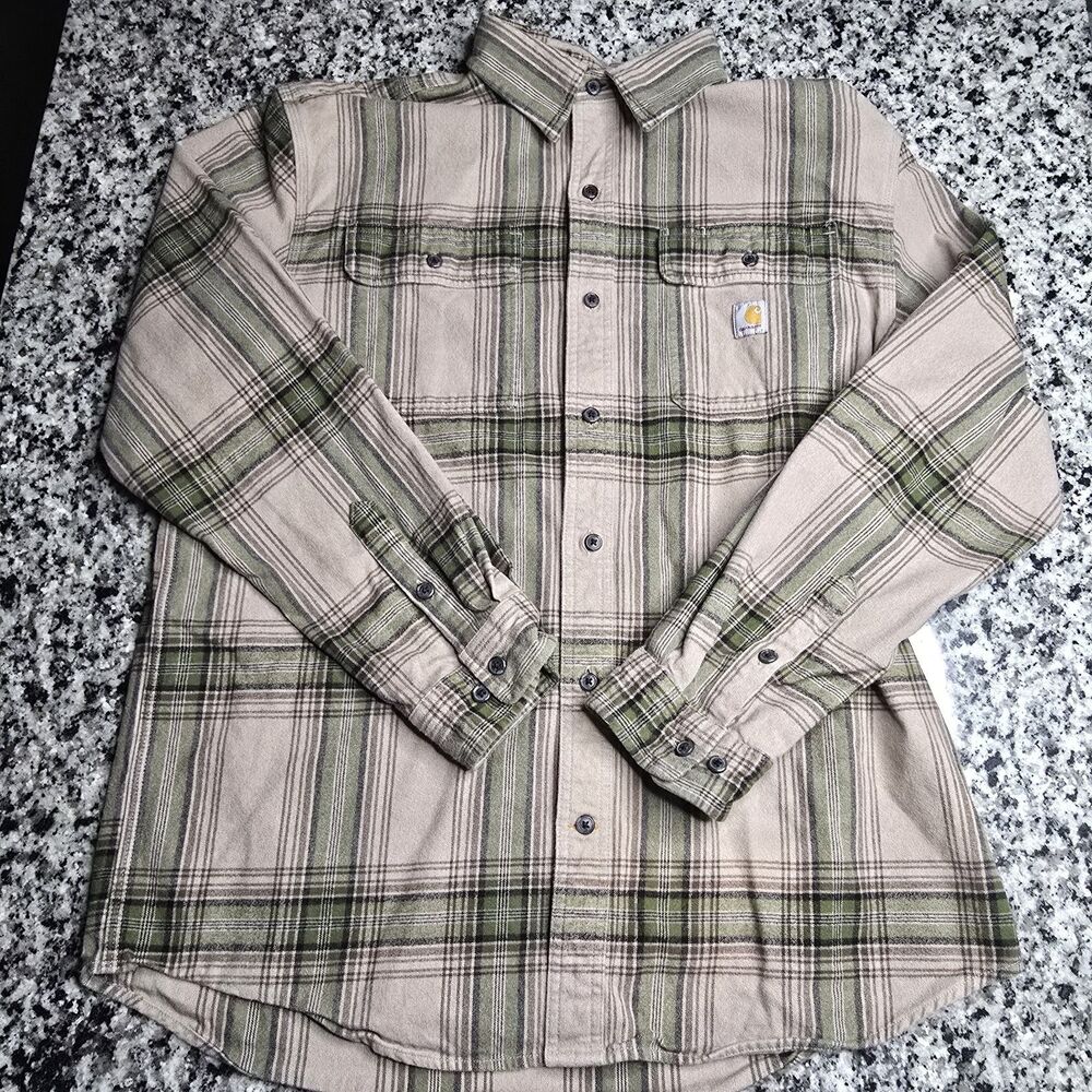 Carhartt Mens Shirt Large Rugged Flex Flannel Loose Fit Green Plaid  VGC!